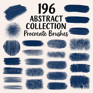 Puede incluir: Imagen que muestra una colección de 196 pinceles Procreate abstractos. Los pinceles se muestran como trazos, salpicaduras y texturas azul marino sobre un fondo crema. El texto "196 ABSTRACT COLLECTION Procreate Brushes" es visible.