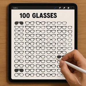 May include: An illustration on a tablet displays 100 glasses in various black frame styles. The text "100 GLASSES" is at the top. A hand holding a white stylus is on the right side of the tablet.