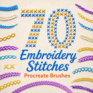 70 Embroidery Stitches Procreate Brushes, Duo Color Realistic Cross Stitch, Cross, Zigzag, Chain & Ornamental Stitches, Stamps Texture