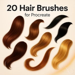 May include: An image showcasing 20 hair brushes for Procreate, featuring various hair colors. The image displays digital illustrations of hair strands in shades of brown, black, and blonde, with the text "20 Hair Brushes for Procreate" at the top.