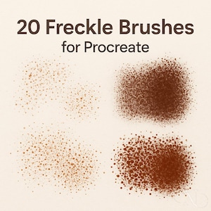 May include: An image displaying four examples of freckle brushes for Procreate. The brushes are shown as clusters of small dots in shades of brown and tan against a cream background. The text "20 Freckle Brushes for Procreate" is at the top of the image.