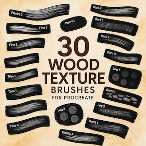 30 Procreate-Pinsel mit Holztexturen: Planken, Rinde, feine Maserung, Fliesen und Baumstämme; realistische Holztextur-Stempel; digitale Kunst für iPad