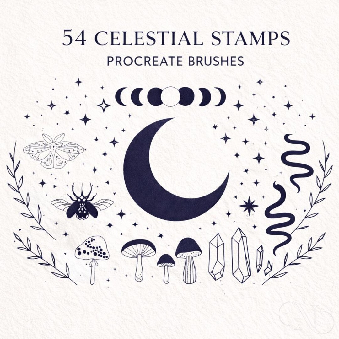 54 Celestial Stamps Procreate Brushes, Moon Phases, Stars, Crystals ...