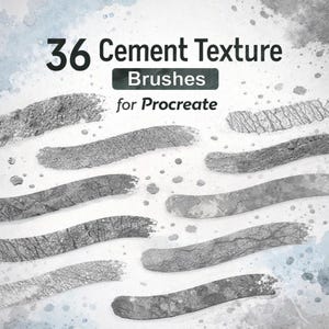 Puede incluir: Imagen que muestra 36 pinceles de textura de cemento para Procreate. La imagen presenta varios trazos de pincel grises que se asemejan a texturas de cemento, con el texto "36 Cement Texture Brushes for Procreate" en la parte superior. El fondo tiene un efecto de acuarela.