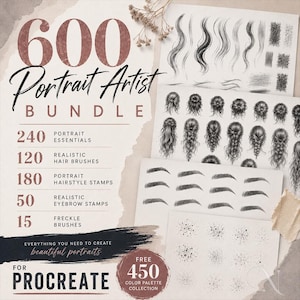 600 Portrait Artist Bundle for Procreate – Afro Hair, hairstyle stamps, eyebrows, freckles & portrait brushes ipad, FREE 450 Color Palettes