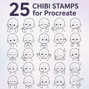 25 Chibi Stamps Procreate Brushes Cute Half Body Poses Line Art Character Stamp Set for Sketching, Anime, Manga and Kawaii Drawing iPad