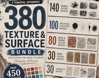 380 Texture & Surface Bundle for Procreate – Grunge, ink splash, brick, cement, wood, creased texture brushes with FREE 450 Color Palette