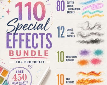 110 Special Effects Bundle for Procreate – realistic Glitter, neon, smoke, light, spray paint & fire stamps, iPad, FREE 450 Color Palettes