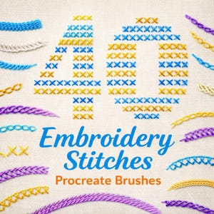 40 pincéis de pontos de bordado Procreate, pincéis de pontos realistas para Procreate, pontos de cruz, zigue-zague, corrente e ornamentais, textura de carimbos