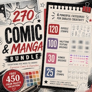 270 Halbton-Comic- und Manga-Pinsel im Bundle für Procreate – Doodle-Stempel, raue Retro-Texturen, Kawaii-Chibi-iPad, GRATIS 450 Farbpaletten