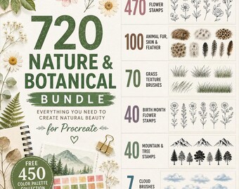 720 Nature & Botanical Bundle for Procreate – Flower, grass, mountain, tree nature, foliage iPad brushes stamps, FREE 450 Color Palettes