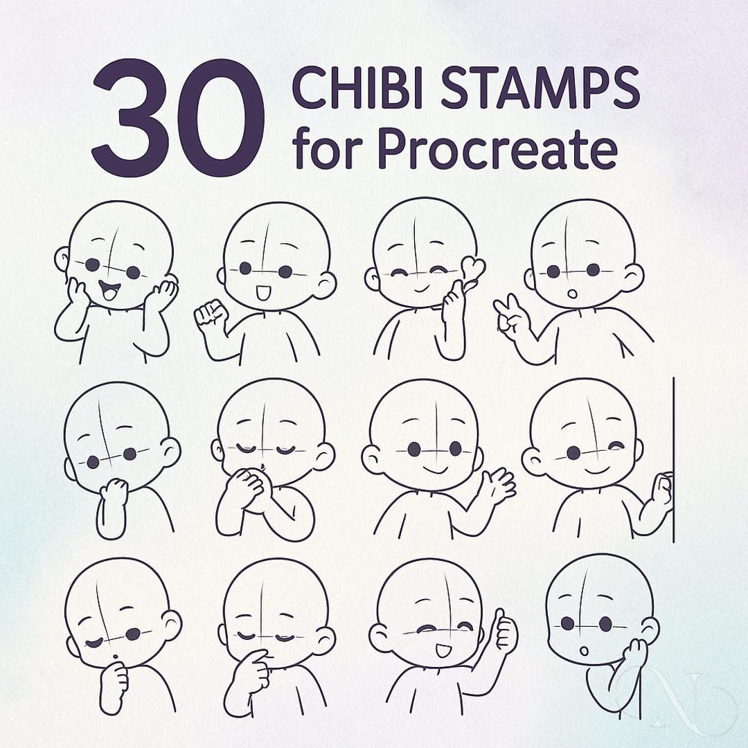 30 Chibi Stamps Procreate Brushes Cute Half Body Poses Line Art ...
