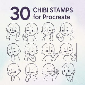 May include: An image showing 30 chibi stamps for Procreate. The stamps are line drawings of chibi characters in different poses. The text '30' is in a dark purple font, with the words 'CHIBI STAMPS for Procreate' in a smaller font.