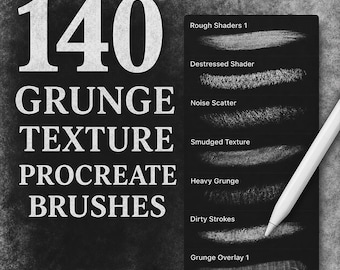 140 Grunge Texture Procreate Brushes, Distressed Ink, Paint & Noise Shaders, Dirty Overlays, Rough Scratchy Texture Brush Set, iPad stamps