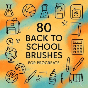 Peut inclure: Illustration avec des icônes scolaires, dont un ballon de basket, un sac à dos et un globe, entourant le texte "80 BACK TO SCHOOL BRUSHES FOR PROCREATE" sur un fond jaune et bleu.