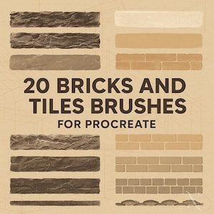 May include: An image displaying 20 brick and tile brushes for Procreate. The image presents rectangular brush strokes in brown, beige, and grey, simulating brick and tile textures. The text "20 BRICKS AND TILES BRUSHES FOR PROCREATE" is clearly visible.