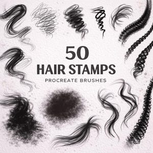 Puede incluir: Imagen que muestra 50 sellos de pelo para Procreate. La imagen presenta varios diseños de trazos de cabello negro, incluyendo rizos, ondas y mechones texturizados. El texto "50 HAIR STAMPS PROCREATE BRUSHES" se muestra prominentemente en el centro.