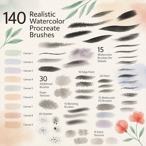 140 pinceles de acuarela realistas para Procreate, texturas de papel, pinceles para difuminar y salpicar, acuarela texturizada, paleta para pintar y dibujar.