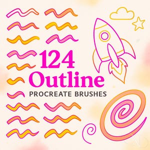 Op de afbeelding: Een digitale kunstafbeelding met 124 Procreate-penselen. Het ontwerp bevat golvende lijnen in roze en geel, een raket, een wolk, een ster en een spiraal. De tekst "124 Outline Procreate Brushes" is felroze.