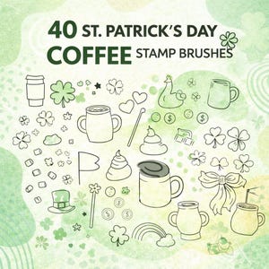 May include: An image with the text "40 ST. PATRICK'S DAY COFFEE STAMP BRUSHES" features various St. Patrick's Day and coffee-themed illustrations. These include shamrocks, coffee mugs, and other related graphics in a line art style.