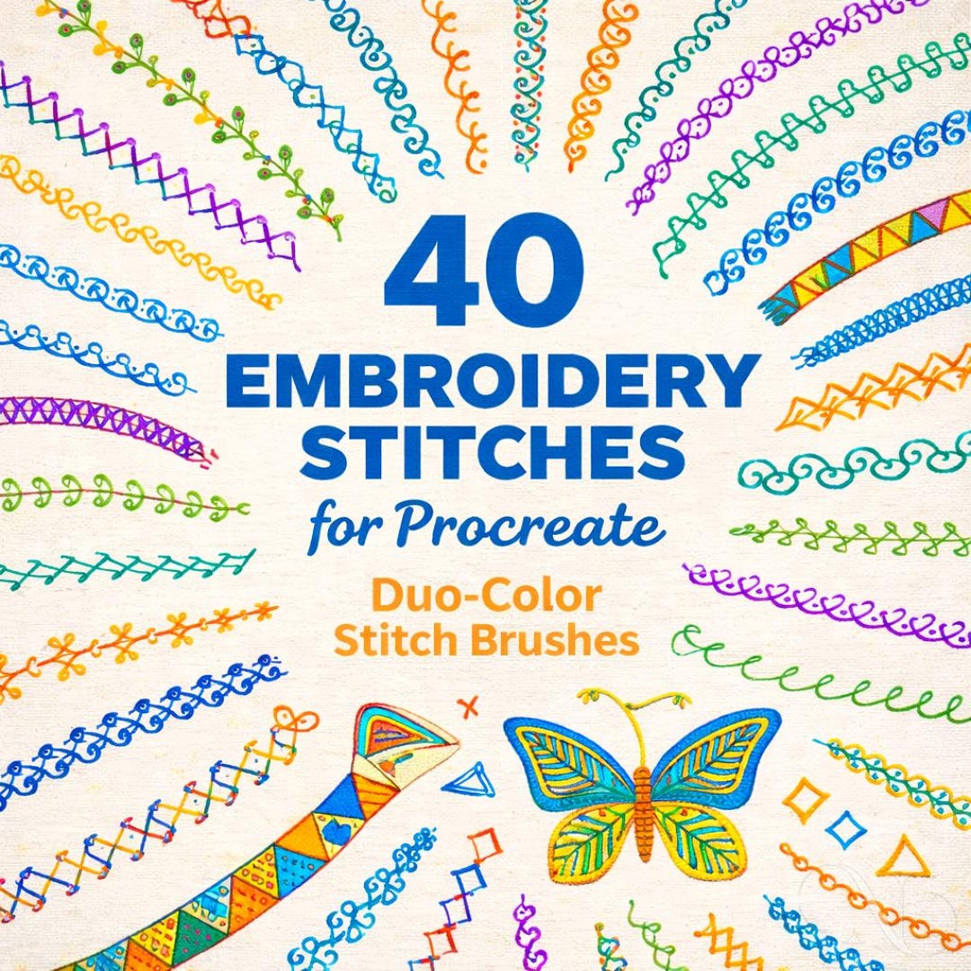 Colour Stitches Rye 40 Embroidery Duo-color Stitches Procreate Brushes, Realistic ...