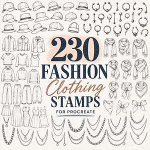 230 timbri di abbigliamento alla moda per Procreate, set di pennelli per orecchini a cerchio, bilanciere, setto, piercing, cappelli, catene, sciarpe, design in stile tatuaggio, iPad