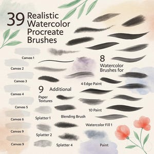 39 pennelli per acquerello realistici per Procreate, texture di carta, pennelli per sbavature e schizzi, acquerello strutturato, tavolozze per pittura e disegno