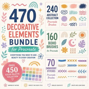 Könnte beinhalten: Ein digitales Paket für Procreate mit 470 dekorativen Elementen, 240 abstrakten Pinseln, 160 Boho-Pinseln, 70 Stickstich-Pinseln und einer kostenlosen Sammlung von 450 Farbpaletten. Der Text enthält 470 DECORATIVE ELEMENTS BUNDLE for Procreate.