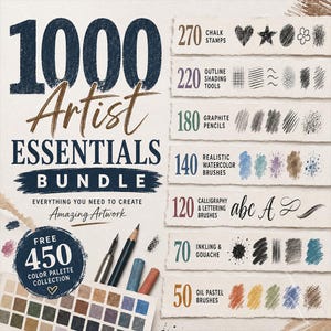 1000 Künstler-Essentials-Bundle: Procreate-Pinsel – Aquarell, Graphit, Kreide, Kalligrafie & Malstempel für iPad, GRATIS 450 Farbpaletten