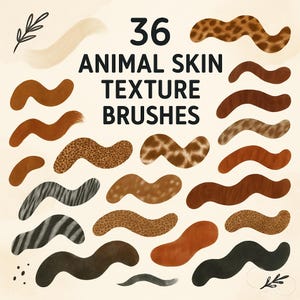 May include: An image showcasing 36 animal skin texture brushes. The brushes are in various colors and patterns, including leopard, zebra, and giraffe prints. The text "36 ANIMAL SKIN TEXTURE BRUSHES" is displayed in the center of the image.