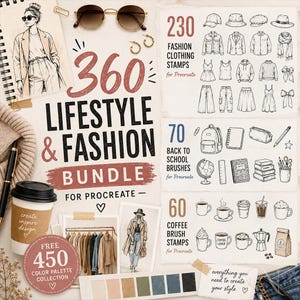 360 Lifestyle & Fashion Bundle for Procreate – clothes, hats, scarf, piercing, coffee, back to school brushes with FREE 450 Color Palettes