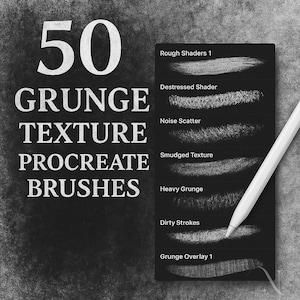 May include: A digital art graphic with the text "50 GRUNGE TEXTURE PROCREATE BRUSHES" in white. A black tablet displays examples of grunge textures, with a white stylus pointing towards the screen. The background is a textured gray.