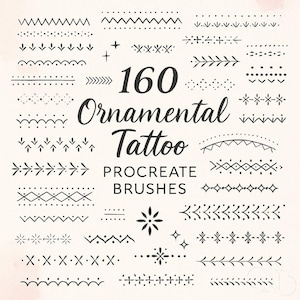 May include: A selection of 160 ornamental tattoo Procreate brushes, presented on a cream backdrop. The brushes showcase diverse black line designs, such as zigzags, dots, arrows, and floral motifs. The text "160 Ornamental Tattoo Procreate Brushes" is also visible.