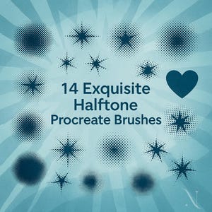 May include: An image featuring 14 halftone Procreate brushes in a variety of shapes, including circles, stars, and a heart. The text "14 Exquisite Halftone Procreate Brushes" is displayed in the center against a teal background.