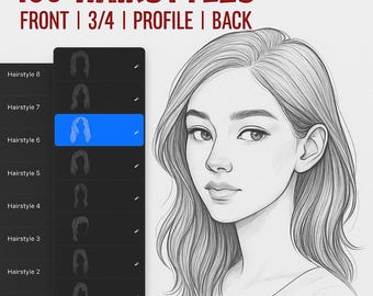 160 Hairstyle Stamps Procreate Brushes Stamps, Front, Profil 3/4 Ansicht Haare für Portraits, Character Design & Digital iPad Art Frisuren