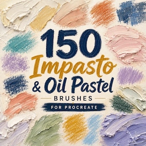 Op de afbeelding: Een digitale afbeelding met de tekst 150 Impasto & Oil Pastel BRUSHES FOR PROCREATE in donkerblauwe en gouden letters, omringd door diverse getextureerde verfstalen in tinten wit, geel, oranje, blauw, roze, paars en groen.