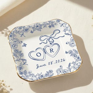 Personalized blue toile ring dish, custom initials and date, gold rim trinket dish, bridal shower gift, bridesmaid favor, wedding keepsake