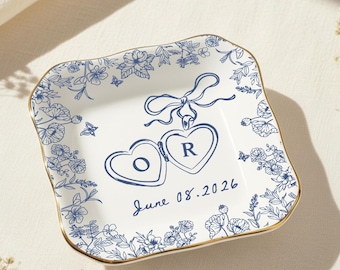Personalized blue toile ring dish, custom initials and date, gold rim trinket dish, bridal shower gift, bridesmaid favor, wedding keepsake