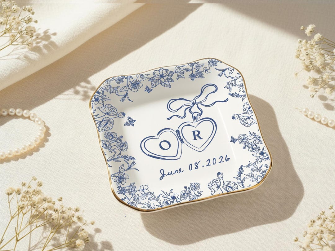Personalized blue toile ring dish, custom initials and date, gold rim trinket dish, bridal shower gift, bridesmaid favor, wedding keepsake - Striked Square, C1