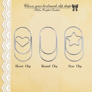 May include: Image of three silver metal bookmark clips in heart, round, and star shapes. The text "Choose your bookmark clip shape" and "Hidea Crafted Leather" is at the top, with the clip shapes labeled below.