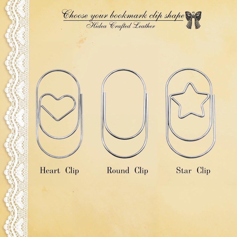 May include: Image of three silver metal bookmark clips in heart, round, and star shapes. The text "Choose your bookmark clip shape" and "Hidea Crafted Leather" is at the top, with the clip shapes labeled below.