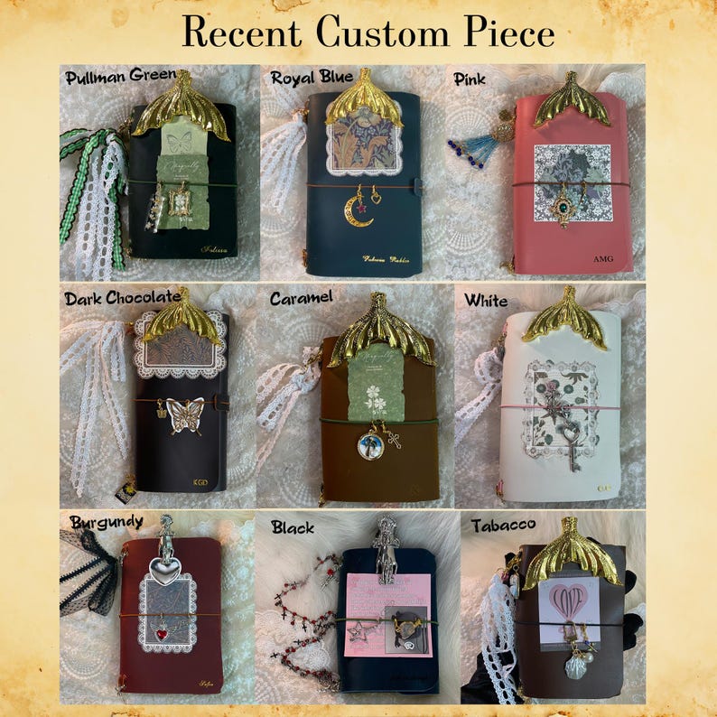 May include: A collection of custom leather journals in various colors, including green, blue, pink, dark chocolate, caramel, white, burgundy, black, and tobacco. Each journal features a decorative gold accent and unique embellishments.