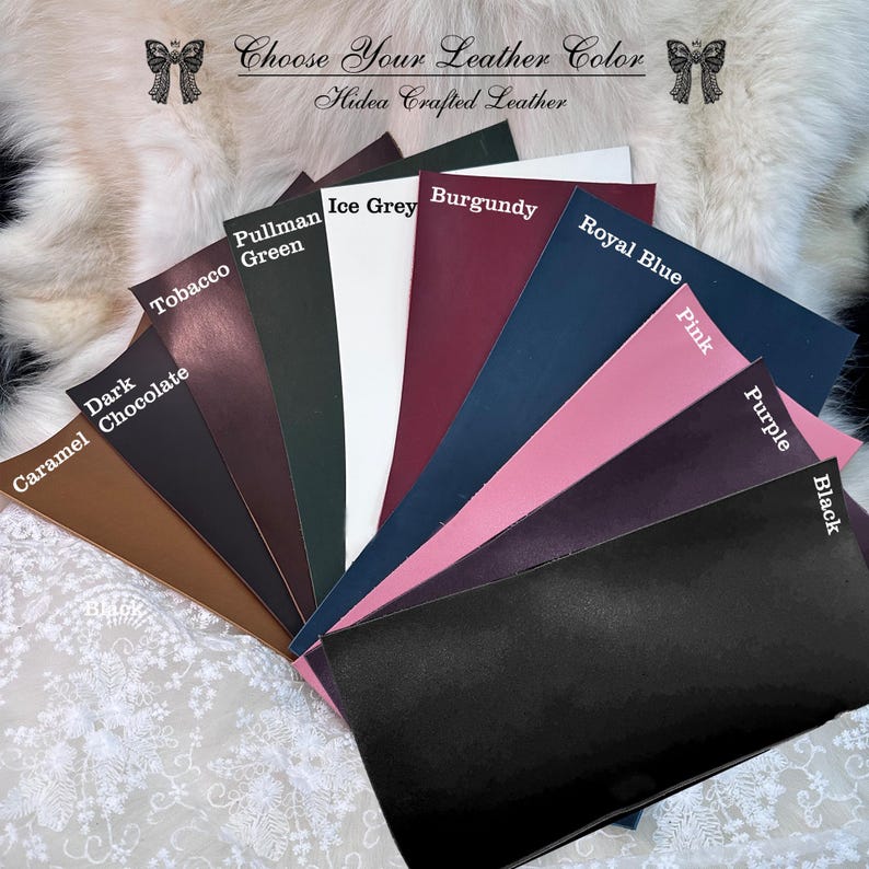 May include: A fan of leather swatches in various colors, including caramel, dark chocolate, tobacco, and burgundy. Other colors include ice grey, royal blue, pink, purple, and black. The text "Choose Your Leather Color" and "Hidea Crafted Leather" is visible.