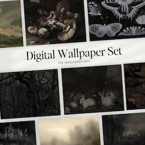 May include: A collection of digital wallpapers featuring vintage-style art. The set includes images of mushrooms, butterflies, forest scenes, and rabbits. The text "Digital Wallpaper Set" and "THE WALLPAPER EDIT" are displayed.