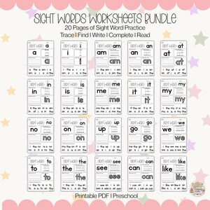 May include: A bundle of 20 printable sight word worksheets featuring black and white text on white paper. Each page includes sections to trace, find, write, complete, and read specific words like a, i, am, an, at, in, is, me, it, my, no, on, up, go, we, to, the, see, can, and like.