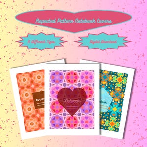 Può includere: Copertine di quaderni con motivi ripetuti in varie dimensioni. L'immagine mostra tre quaderni con diversi design: un motivo geometrico arancione, un design a cuore rosa e viola e un motivo geometrico turchese e giallo. Il testo include "Repeated Pattern Notebook Covers" e opzioni di dimensioni.