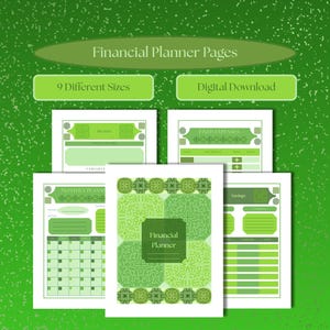 May include: A digital financial planner with green and white pages. The planner includes sections for income, expenses, and savings. The image also shows text that says "Financial Planner Pages", "9 Different Sizes", "Digital Download", "Letter Size & Half Letter Size", and "Classic & Mini Happy Planner".