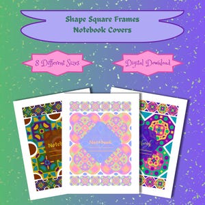 Puede incluir: Cubiertas de cuadernos con diseños geométricos en tonos azules, rosas, amarillos y verdes. Las cubiertas están etiquetadas como "Notebook" y se muestran con el texto "Shape Square Frames Notebook Covers". La imagen también incluye texto que indica diferentes tamaños.