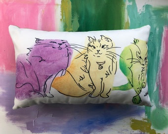 Colorful Cat Lumbar Pillow, 12” x 20”, Throw Pillow, Artist’s Favourite