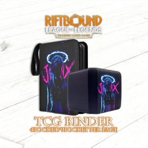 May include: A black TCG binder and card storage box featuring a neon blue and pink graphic of a character with the name "Jinx" and a halo. The text "Riftbound League of Legends Trading Card Game" is at the top. The binder has a black handle and the text "TCG Binder" is at the bottom.